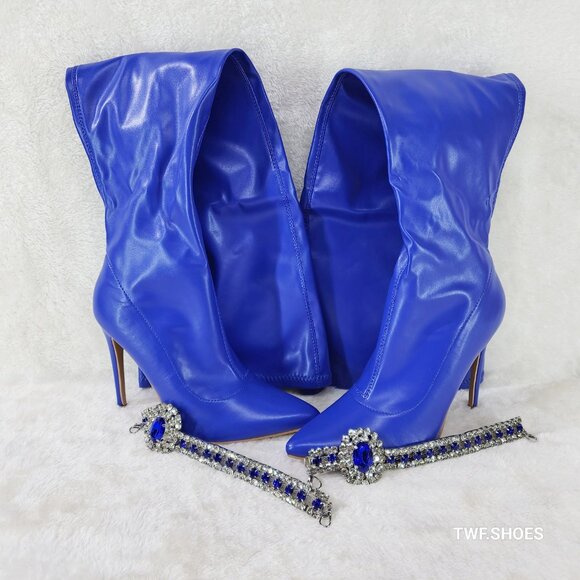 Lawless Bold Blue Stretch Leatherette Rhinestone Ankle Bracelet Thigh High Boots - Picture 7 of 17